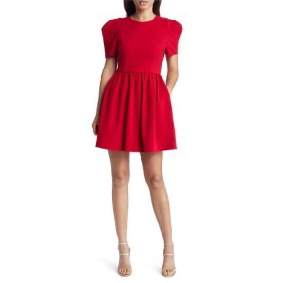 Black Halo Booker Puff Sleeve Mini Dress in Red NWT Size 14 - Picture 1 of 8